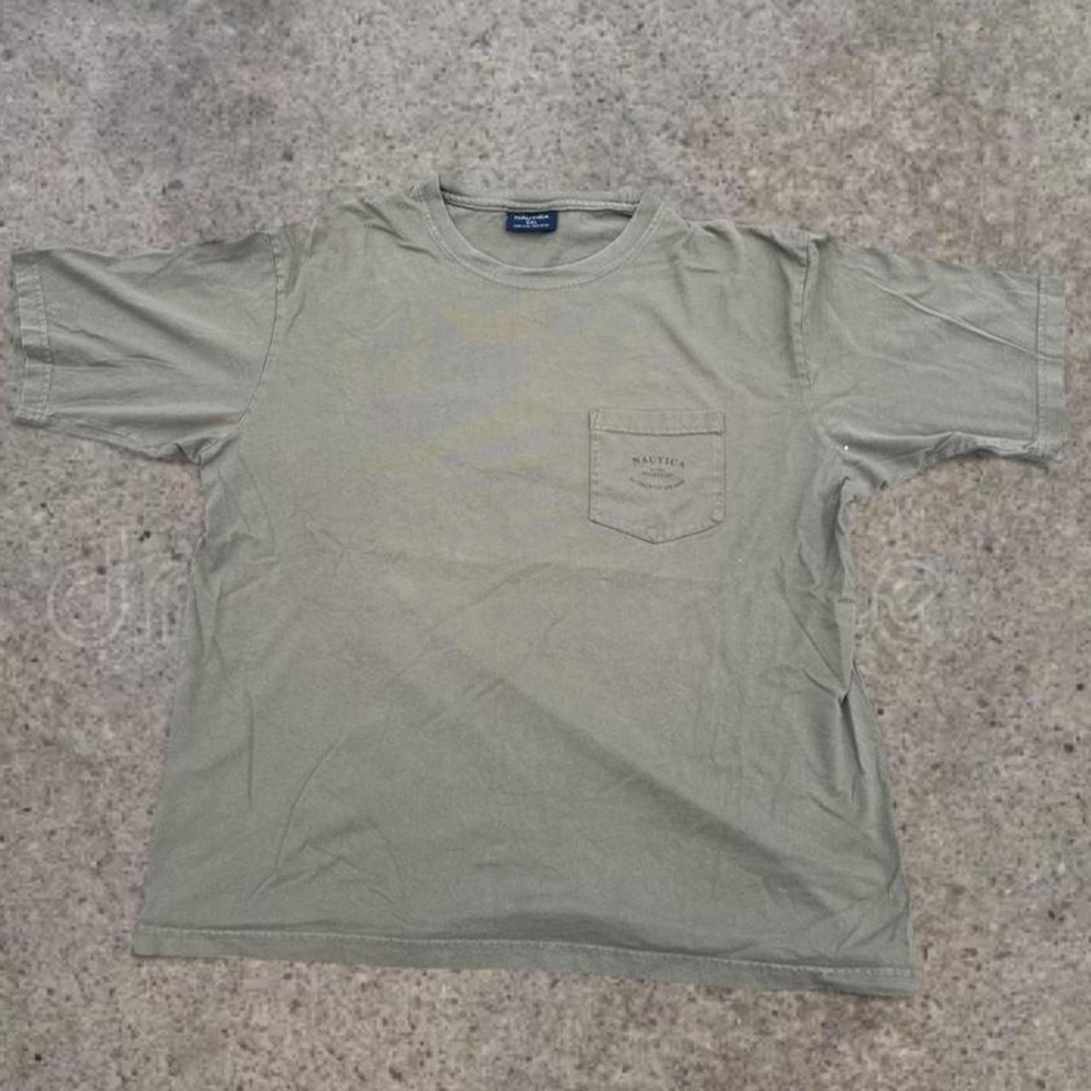 Vintage 90s Nautica Canoe Graphic Pocket T Shirt Olive Green USA Made Mens XXL - Picture 2 of 5